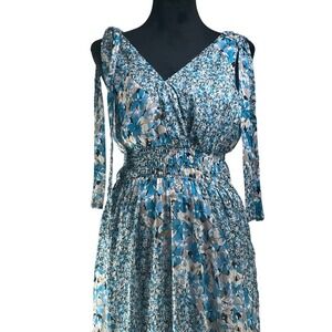 Blue Floral Maxi Dress Smocked Waist Tie Shoulder‎ V Neck romantic boho prairie